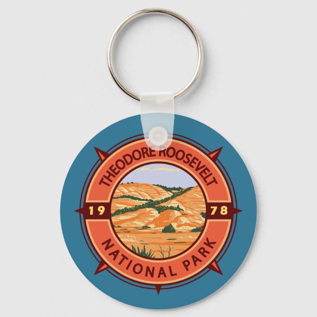 Theodore Roosevelt National Park Retro Compass Keychain (Front)