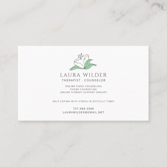 Therapist Counsellor Serene White Flower Business Card (Front)