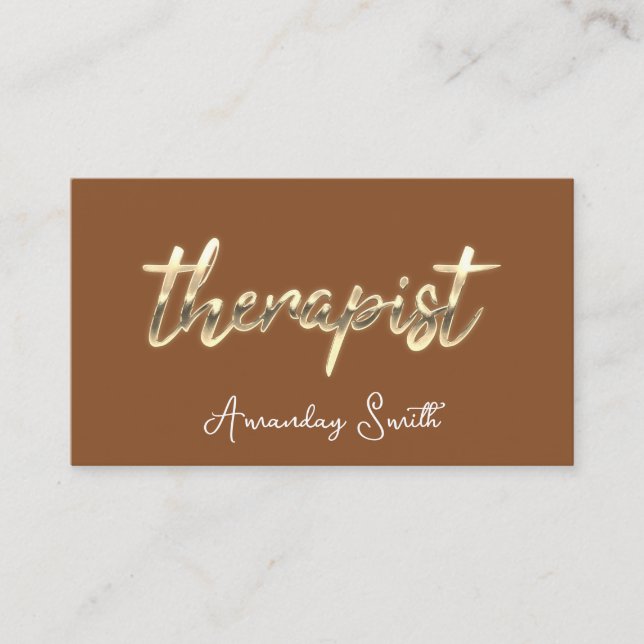 Therapist Golden Script QR Code Logo Brown Business Card (Front)