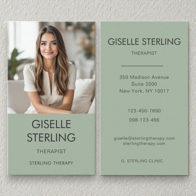 Therapist Psychologist Sage Green Photo Business Card (Creator Uploaded)