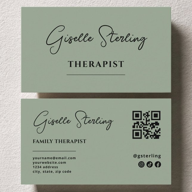 Therapist Psychologist Sage Green QR Code Business Card (Creator Uploaded)