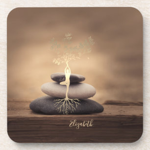 Therapist Zen Stones, Gold Tree Silhouette Brown Coaster