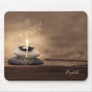 Therapist Zen Stones, Gold Tree Silhouette Brown Mouse Pad
