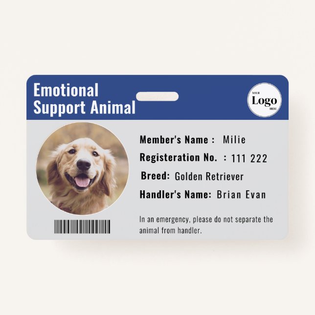 Therapy Animal ID Photo Barcode Deep Blue Badge (Front)
