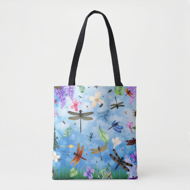 There Be Dragons Whimsical Dragonfly Design Tote Bag (Front)