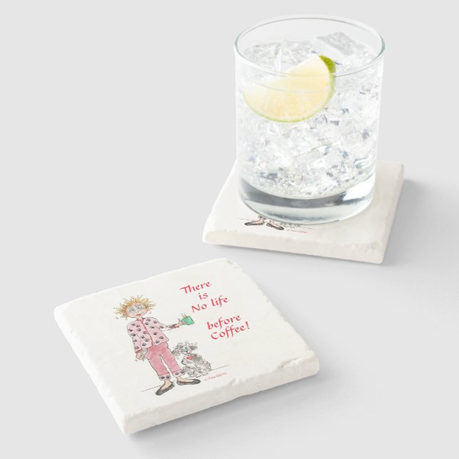 There is no life before coffee colour sketch  stone coaster (Side)