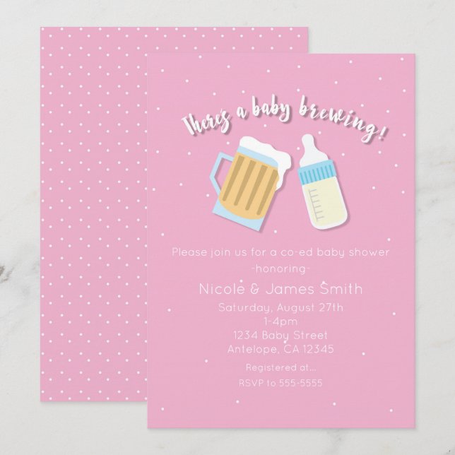 There's A Baby Brewing Beer Mugs Pink Shower Invitation (Front/Back)
