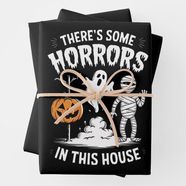 There's Some Horrors In This House Funny Halloween Wrapping Paper Sheet (In situ)