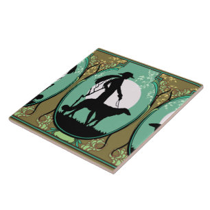 Theresa in Aqua & Olive - Art Deco Lady with Dog Tile