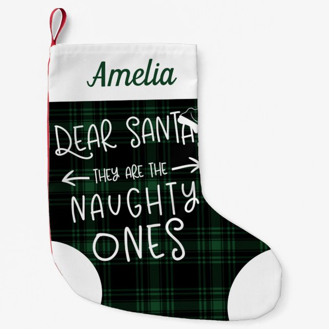 They Are The Naughty Ones Green Plaid Cute Funny Small Christmas Stocking (Front)