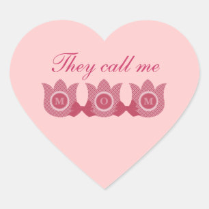 They Call Me Mom Plaid Tulips Heart Stickers, Pink Sticker
