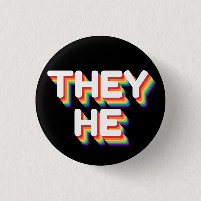 They/He Pronouns Rainbow 3D Retro 1 Inch Round Button (Front)