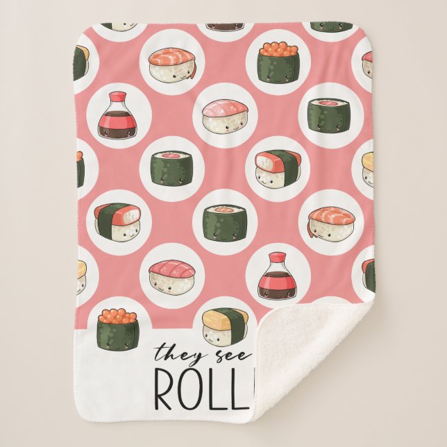 They See Me Rollin' Kawaii Fun Sushi Rolls & Dots Sherpa Blanket (Front)