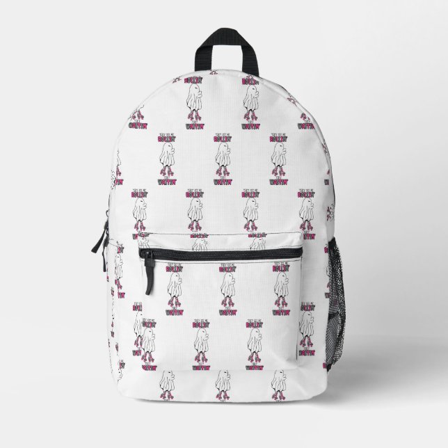 They see me rollin' they waitin' pink retro ghost  printed backpack (Front)