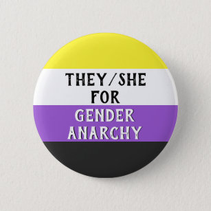 They/She for Gender Mayhem Button (on Enby flag)