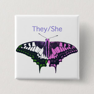They/She Non-Binary Flag Swallowtail Butterfly 2 Inch Square Button