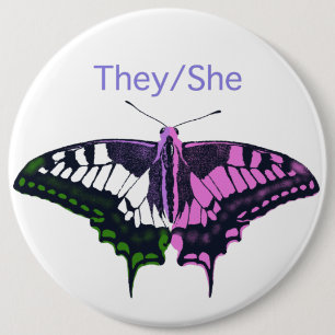 They/She Non-Binary Flag Swallowtail Butterfly 6 Inch Round Button
