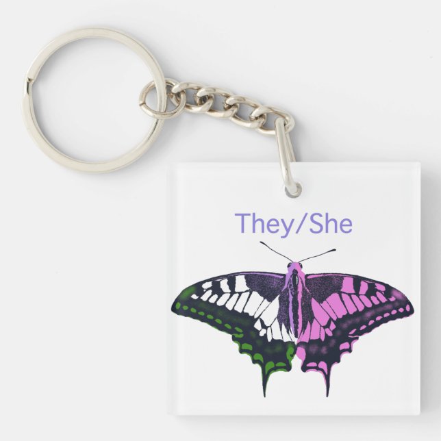 They/She Non-Binary Flag Swallowtail Butterfly Keychain (Front)