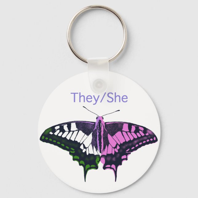 They/She Non-Binary Flag Swallowtail Butterfly Keychain (Front)