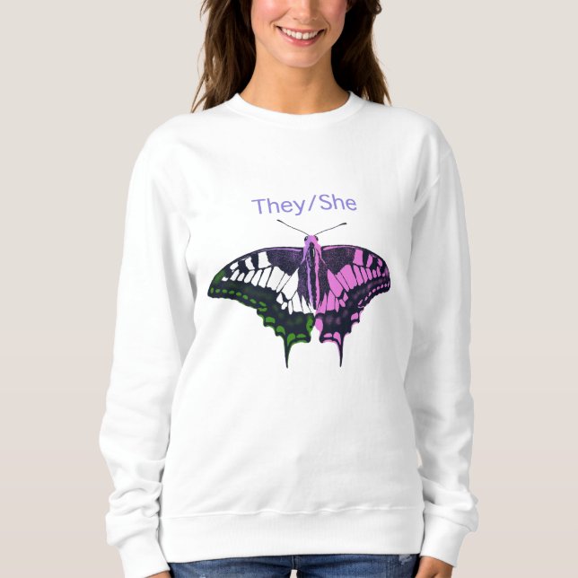 They/She Non-Binary Flag Swallowtail Butterfly Sweatshirt (Front)
