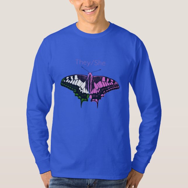 They/She Non-Binary Flag Swallowtail Butterfly T-Shirt (Front)