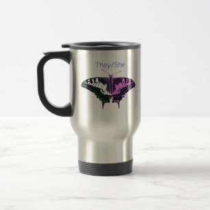 They/She Non-Binary Flag Swallowtail Butterfly Travel Mug