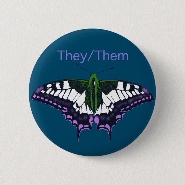 They/Them Nonbinary Pride Swallowtail Butterfly 2 Inch Round Button (Front)