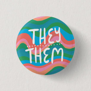 THEY/THEM Pronouns Colourful Handletter Green Pink 1 Inch Round Button