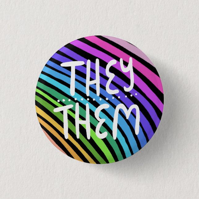 THEY/THEM Pronouns Colourful Handlettered Rainbow 1 Inch Round Button (Front)
