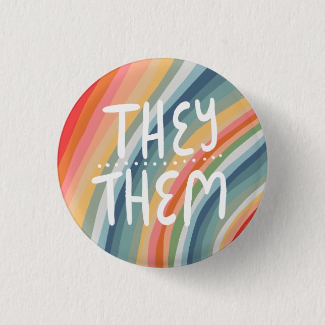 THEY/THEM Pronouns Colourful Handlettered Rainbow 1 Inch Round Button (Front)