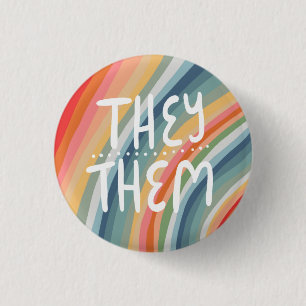 THEY/THEM Pronouns Colourful Handlettered Rainbow 1 Inch Round Button