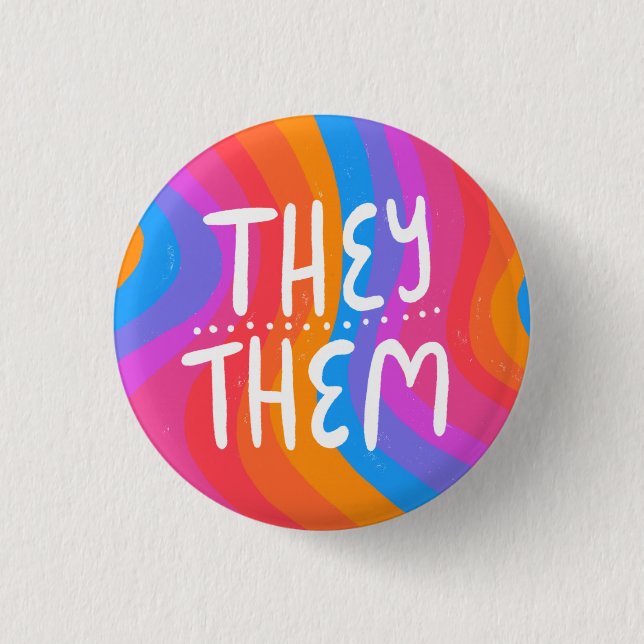 THEY/THEM Pronouns Colourful Handlettering Stripes 1 Inch Round Button (Front)