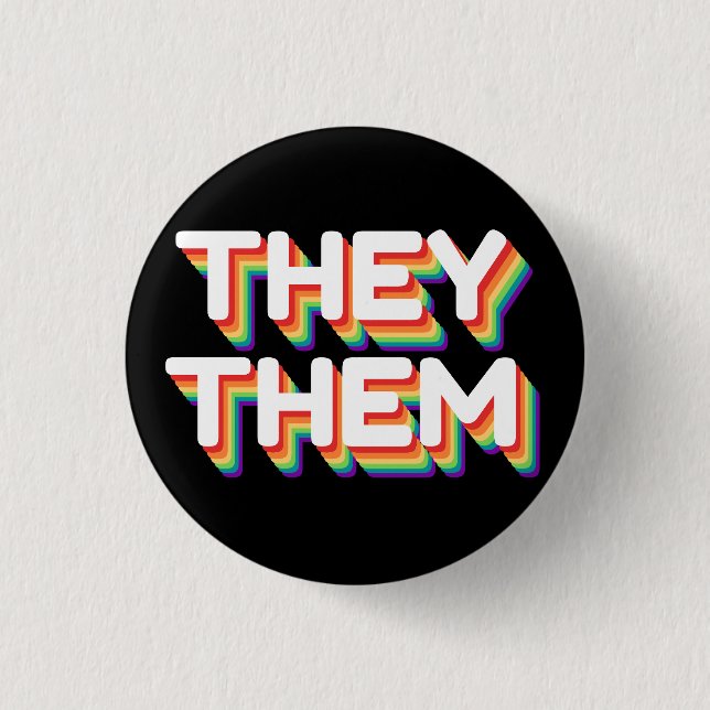 They/Them Pronouns Rainbow 3D Retro 1 Inch Round Button (Front)