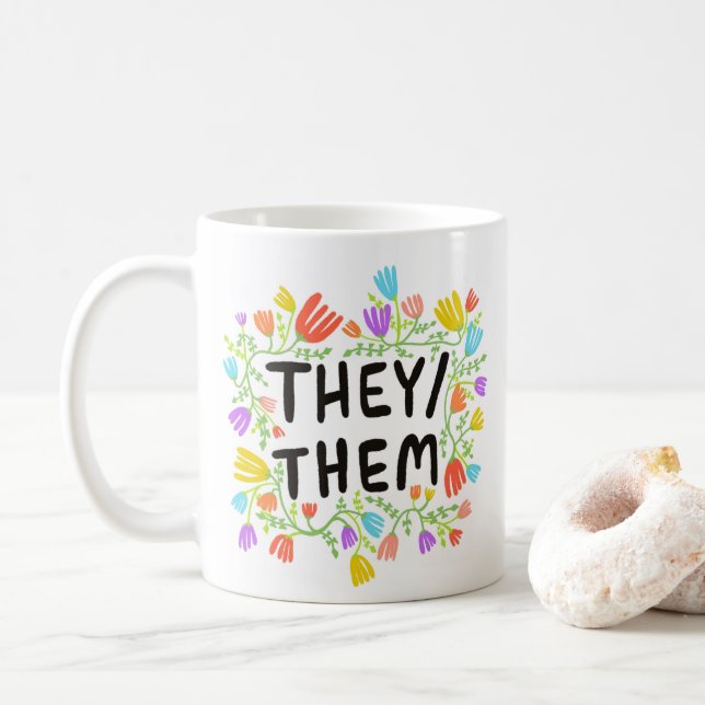 THEY/THEM Pronouns Rainbow Floral Wreath Colourful Coffee Mug (With Donut)