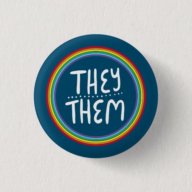 THEY/THEM Pronouns Rainbow Handlettered Minimal 1 Inch Round Button (Front)