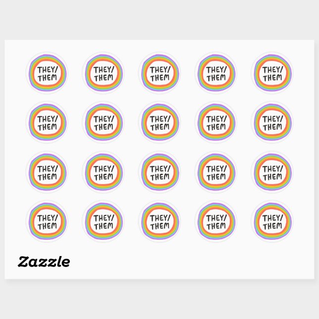 THEY / THEM Pronouns Rainbow Handlettering Set of  Classic Round Sticker (Sheet)