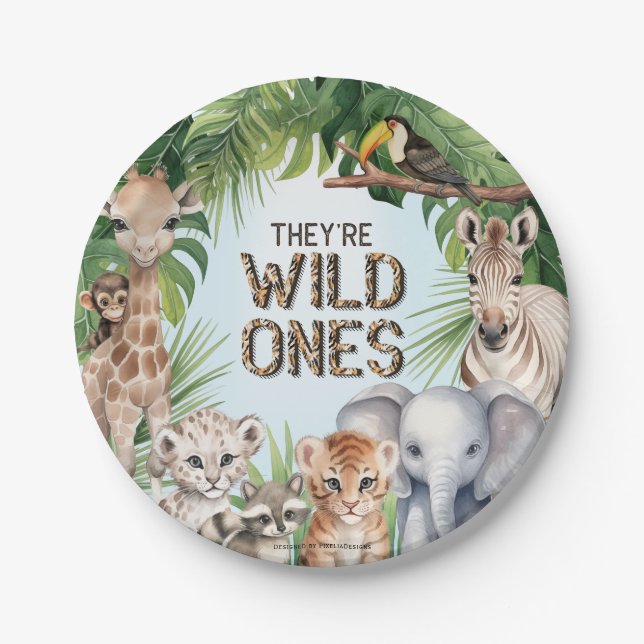 Theyre wild ones twins blue 1st birthday snacks paper plate (Front)
