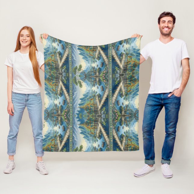 Thibaut Asian Scenic Blue and Green Decorative Fleece Blanket (In Situ)