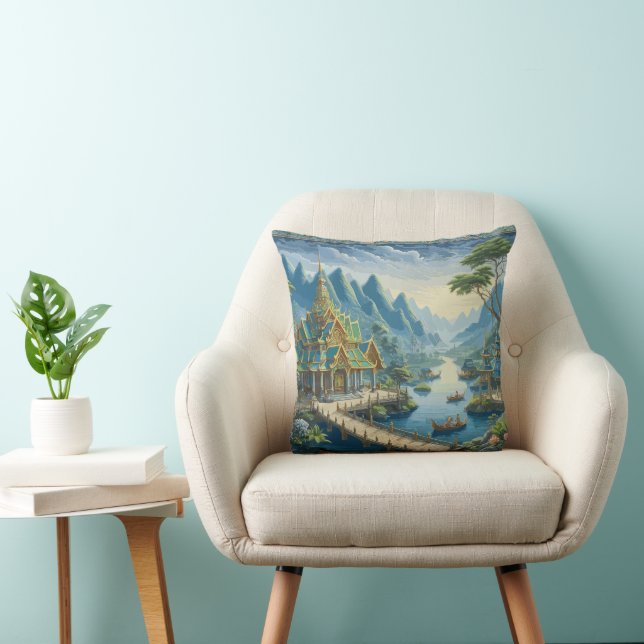 Thibaut Asian Scenic Blue and Green Decorative  Throw Pillow (Chair)