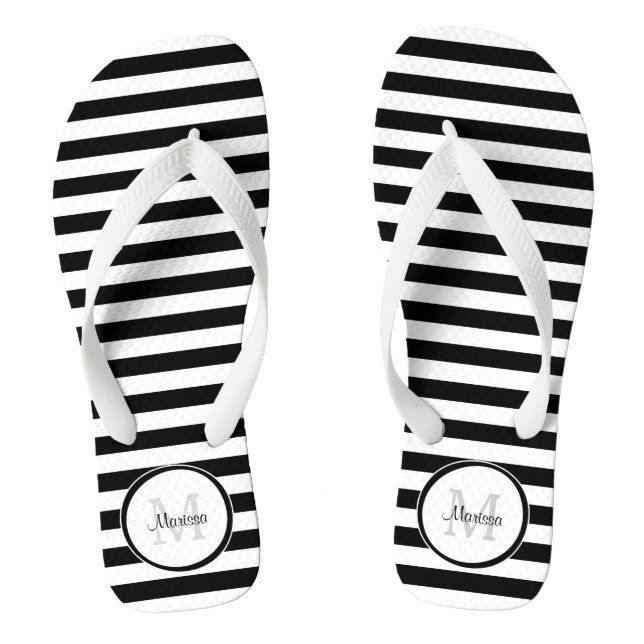 Thick Black and White Stripes With Simple Name Flip Flops (Footbed)