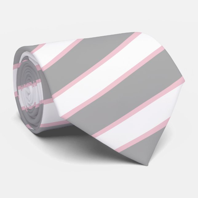 Thick Grey Thin Pale Blush Pink Stripes Tie Custom (Rolled)