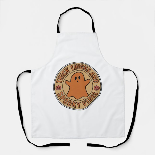 Thick Thighs and Spooky Vibes Ghost Halloween Tee_ Apron (Front)
