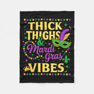 Thick Thighs Mardi Gras Vibes Fleur De Lis Mask Fleece Blanket
