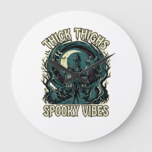 Thick Thighs Spooky Vibes Halloween Haunted House Large Clock