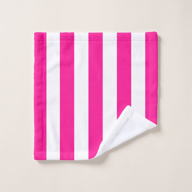Thick Vertical Stripes Deep Pink And White Striped Bath Towel Set (Wash Cloth)