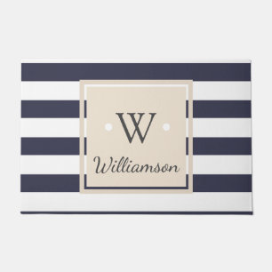 Thick White Modern Stripes - Family Name Monogram Doormat