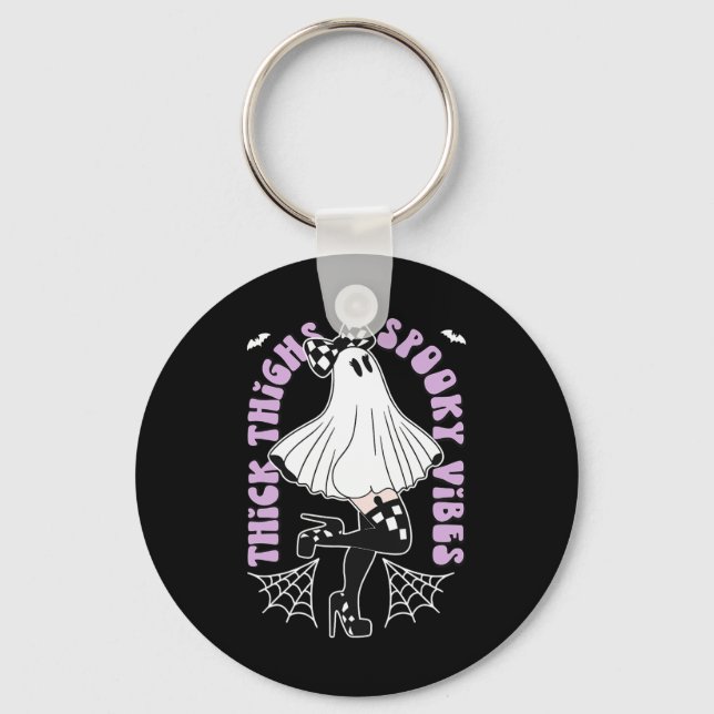Thighs Spooky Vibes Cute Ghost Halloween Bats Bow  Keychain (Front)
