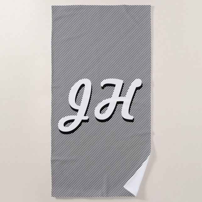 Thin Black & White Stripes | Retro-Styled Initials Beach Towel (Front)