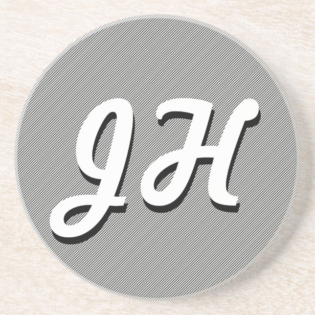 Thin Black & White Stripes | Retro-Styled Initials Coaster (Front)