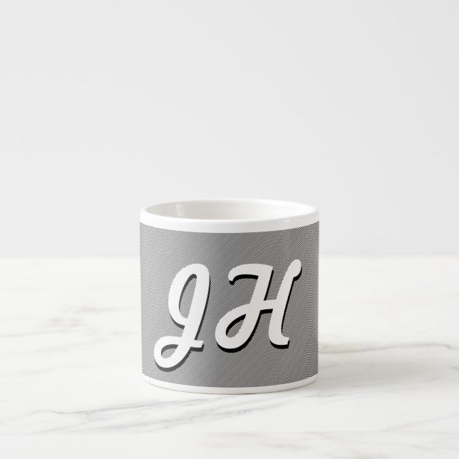 Thin Black & White Stripes | Retro-Styled Initials Espresso Cup (Front)